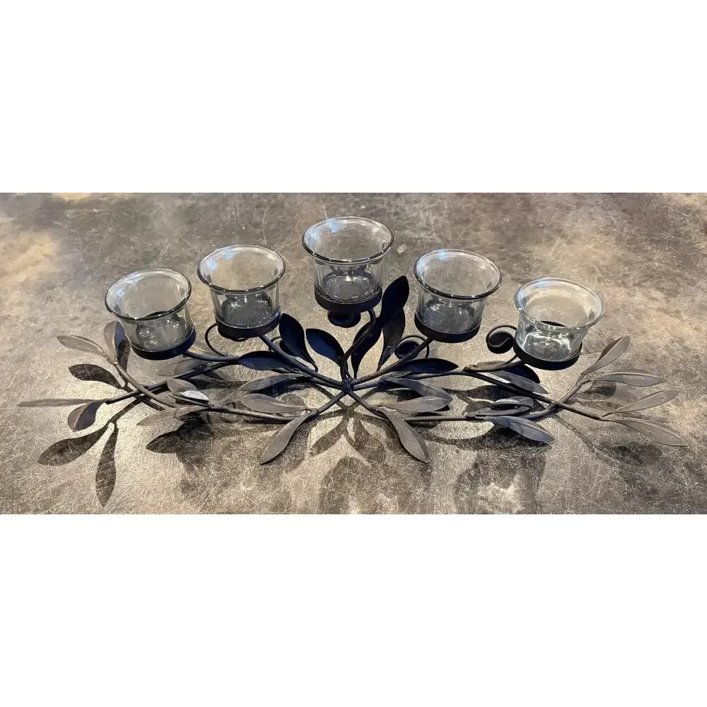 Decorative Black Metal Leaf Votive Candle Holder 5 Glass Cups Table Centerpiece